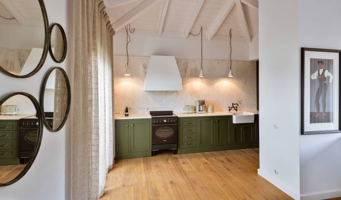 Kitchenette and open-plan living room, Faros Villa, Fiscardo, Kefalonia