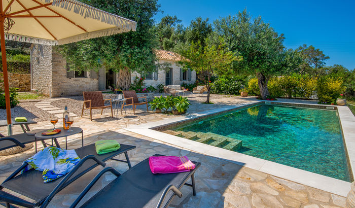 Swimming pool and sun terrace, Apollo's Retreat, Paxos, Greece