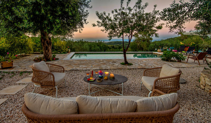 Swimming pool and sun terrace, Apollo's Retreat, Paxos, Greece