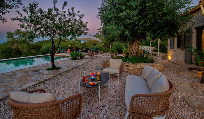 Sunset at Apollo's Retreat, garden terrace, Paxos, Greece