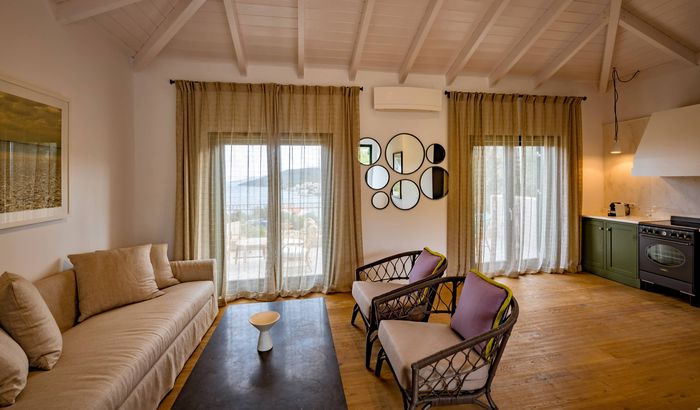 Open-plan kitchenette and living room, Kitchenette, Milos Villa, Fiscardo, Kefalonia