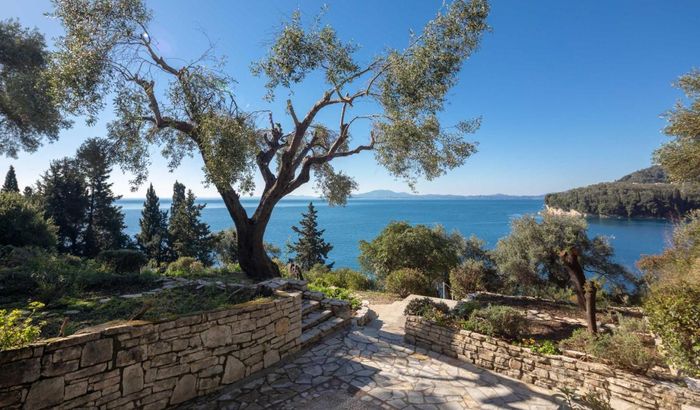 View over the gardens to sea, Kalami Lookout Villa, Kalami, Corfu