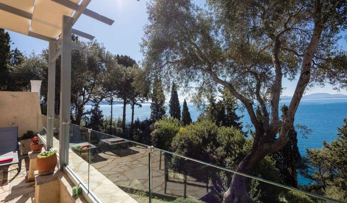 View over the gardens to sea, Kalami Lookout Villa, Kalami, Corfu