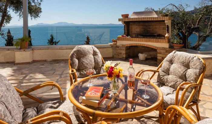 Outdoor seating and BBQ, Kalami Lookout Villa, Kalami, Corfu