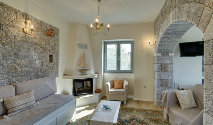 Villa Dysi living room, Kastro Houses, Kardamili, Peloponnese, Greece