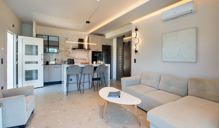 Living room with open plan kitchen, Villa Oly, Lakka, Paxos